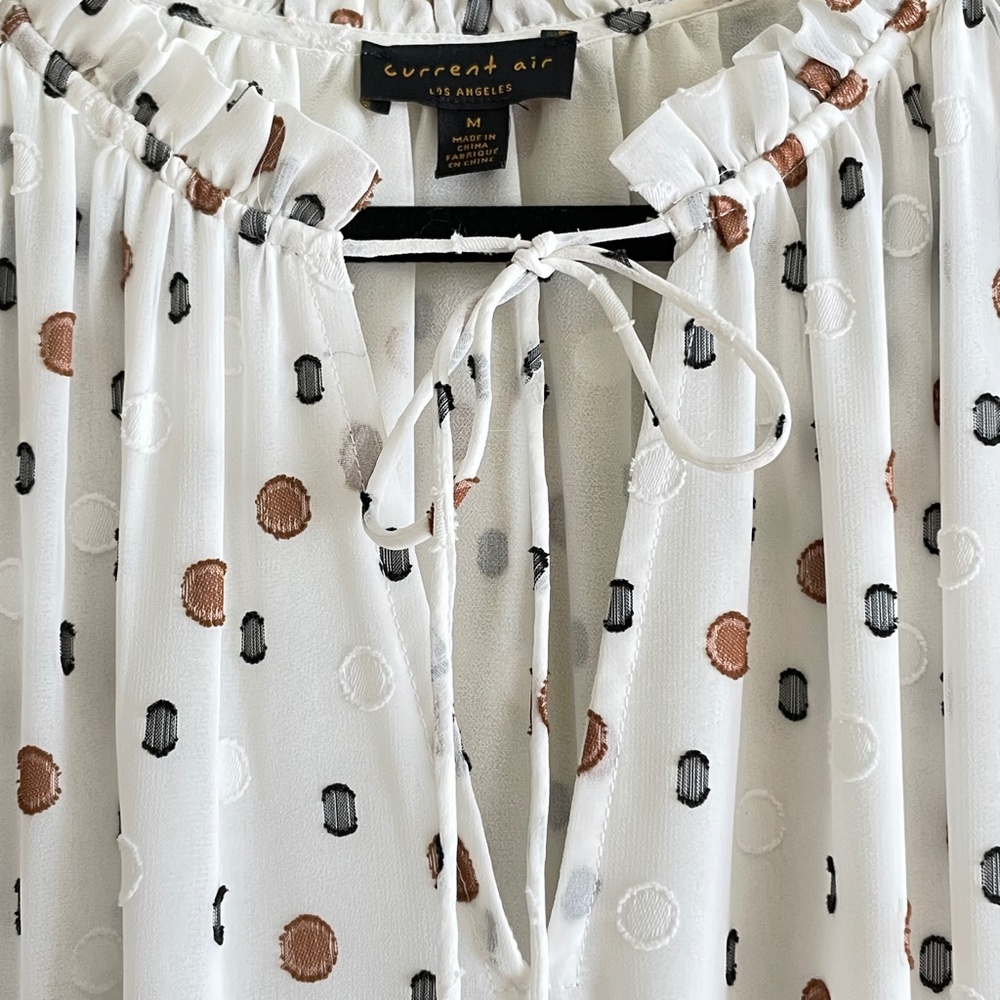 Anthro Current Air Pleated Women Medium Dress Smoked Waist Cottage Clip Dot - Picture 4 of 14